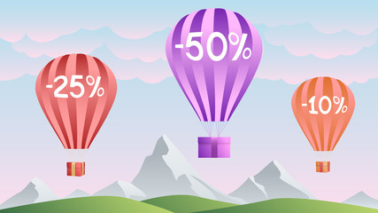 Air balloons with gift box. Discount  10%, 25%, 50% on background nature and air balloons. Summer banner, website, poster, and sales promotion background set..Vector illustration.