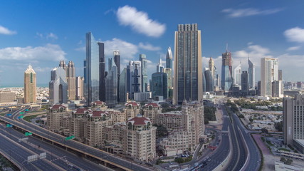 Skyline view of the buildings of Sheikh Zayed Road and DIFC timelapse in Dubai, UAE.
