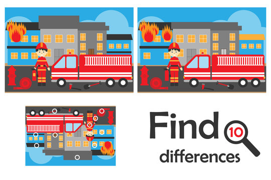 Find 10 differences, game for children, fire and fireman cartoon style, education game for kids, preschool worksheet activity, task for the development of logical thinking, vector illustration