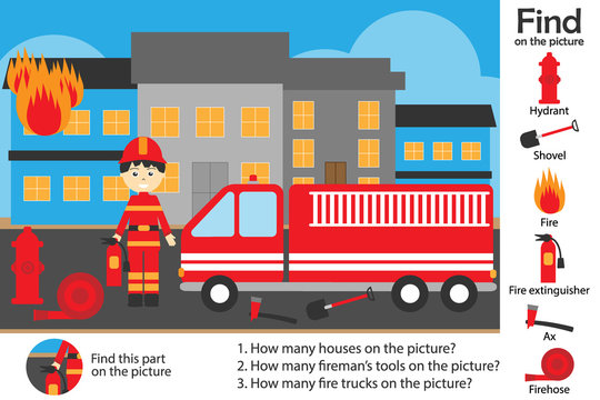 Activity page, fire and fireman in cartoon style, find images and answer the questions, visual education game for the development of children, kids preschool activity, worksheet, vector illustration