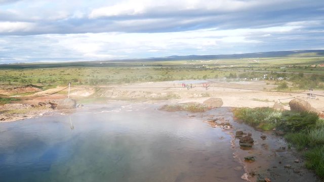 Golden Circle, Iceland, Strokkur geysir eruption. Fountain geyser located in a geothermal area beside the Hvt River. It is one of Iceland's most famous geysers