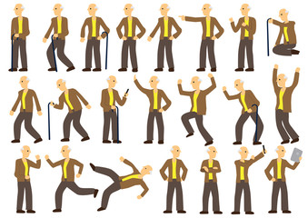 A collection of old man in different action and poses. Flat vector isolated illustration.