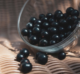 Black currant close-up in a transparent cup. There is a place for text, copy space. Background, banner, postcard.