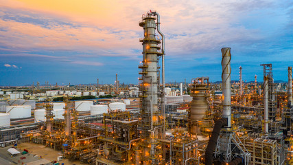 Oil refinery at twilight, Aerial view petrochemical plant and oil refinery plant background at...