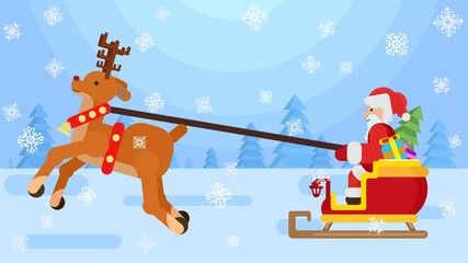 Santa is carrying gifts through the snow-covered forest, along