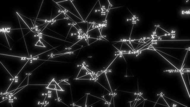 Closeup mathematical formula and elements on black background. School education presentation or graduation project.