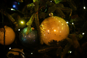 Outdoors Winter Holiday concept: Ornament Decoration in the form of Christmas Vintage Tree Balls.