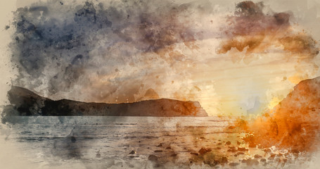 Digital watercolour painting of Stunning vibrant sunrise landscape over Lulworth Cove Jurassic Coast England