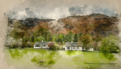 Digital watercolour painting of Beautiful old village landscape nestled in hills in Lake District