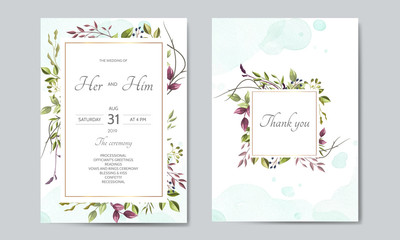 wedding invitation card with green leaves template