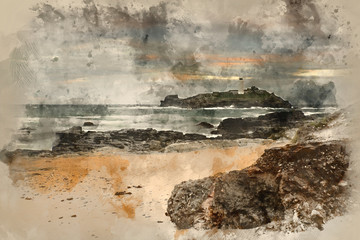 Naklejka na ściany i meble Digital watercolour painting of Beautiful sunrise landscape of Godrevy lighthouse on Cornwall coastline in England