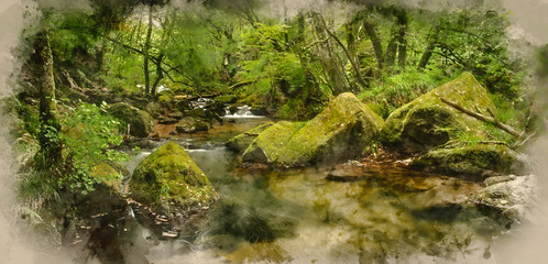 Digital watercolour painting of Beautiful landscape of river flowing through lush forest Golitha Falls in England