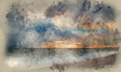 Digital watercolour painting of Beautiful sunset image over ocean