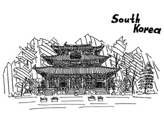 sketch of south korea with an inscription drawing of a temple sk