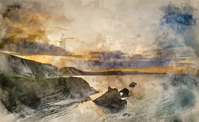 Obraz na płótnie Canvas Digital watercolour painting of Beautiful vibrant sunrise over Mupe Bay landscape on Summer morning