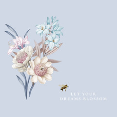 Watercolor illustration of a bouquet with a purple and delicate pink rose, leaves and bud, greeting card