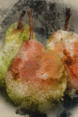 Digital watercolour painting of Fresh juicy pears in rustic wooden setting