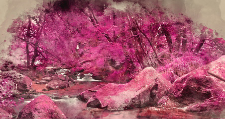 Digital watercolour painting of Beautiful landscape of surreal alternate colored landscape through woodlands