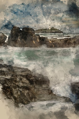 Digital watercolour painting of Beautiful sunrise landscape of Godrevy lighthouse on Cornwall coastline in England