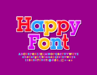 Vector Happy Font. Glossy bright Alphabet. Colorful Letters, Numbers 