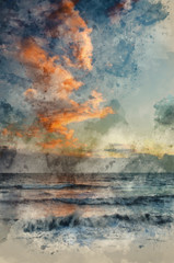 Digital watercolour painting of Stunning vibrant Winter sunset over receding waves