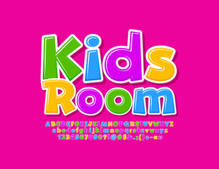 Vector creative logo Kids Room with colorful Alphabet Letters, Numbers and Symbols. Bright comic Font