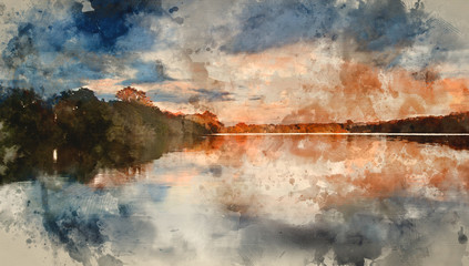 Fototapeta premium Digital watercolour painting of Beautiful sunset over Autumn Fall lake with crystal clear reflections