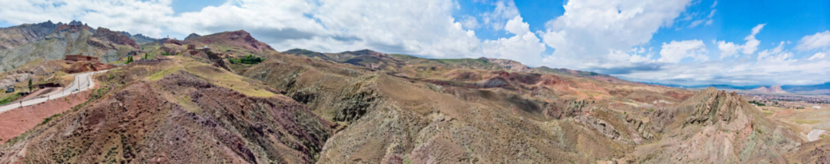 Aerial view of Ishak Pasha Palace, it is a semi-ruined palace and administrative complex located in the Dogubeyazit, Agri province of eastern Turkey. Ottoman, Persian, and Armenian architectural style