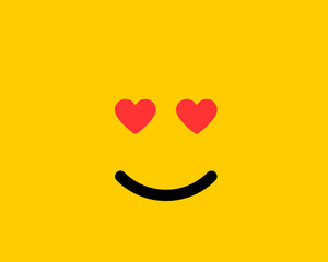 Emoji smile icon vector symbol on yellow background. Love heart face cartoon character wallpaper.