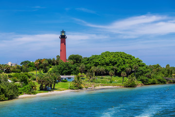 Beautiful view of the Jupiter lighthouse at sunny summer day in West Palm Beach County, Florida
