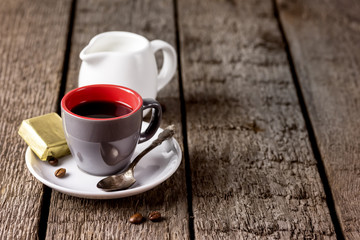Gray Red Cup of Tasty Espresso Cup of Coffee Breakfast Concept Wooden Background Horizontal Copy Space