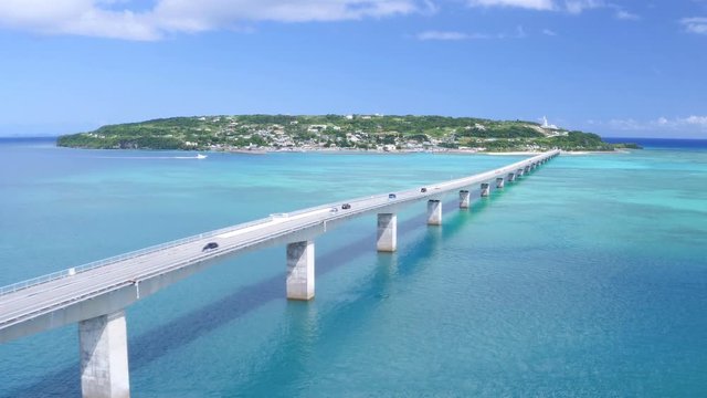 Aerial view of bridge, Nakijin, Kouri Island, Okinawa Prefecture