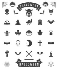 Halloween celebration icons and objects set retro style vector illustration.