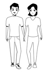 Young couple smiiling and walking cartoon in black and white