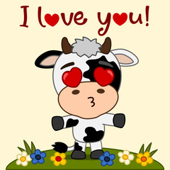 Naklejka premium Valentine's card - cute cow with hearts in his eyes and text I love you