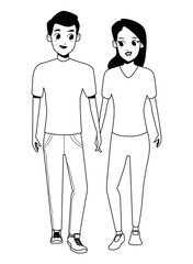 Young couple smiiling and walking cartoon in black and white