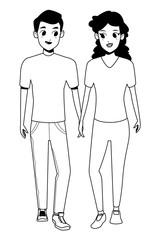 Young couple smiiling and walking cartoon in black and white