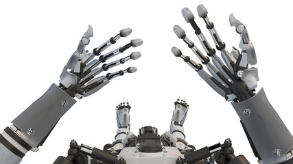 Artificial intelligence looks at its hands in the first person and realizes that it is a robot. 3d render on a white background