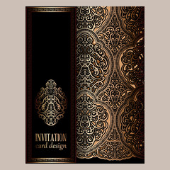 Wedding invitation card with black and gold shiny eastern and baroque rich foliage. Ornate islamic background for your design. Islam, Arabic, Indian, Dubai.