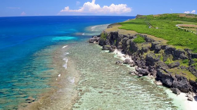 Aerial view of coastline of Yonaguni Island, Okinawa Prefecture, Japan