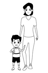 Family single parent with children cartoon in black and white
