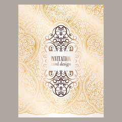 Wedding invitation card with gold shiny eastern and baroque rich foliage. Ornate islamic background for your design. Islam, Arabic, Indian, Dubai.