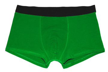 Men's underwear. Green boxer briefs isolated on white background. Monochrome men's briefs boxers.
