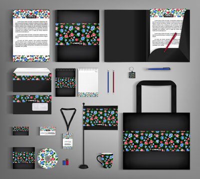 Black trendy corporate identity template design with floral pattern.