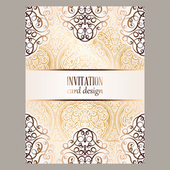 Wedding invitation card with gold shiny eastern and baroque rich foliage. Ornate islamic background for your design. Islam, Arabic, Indian, Dubai.