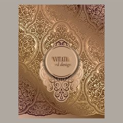 Wedding invitation card with beige and gold shiny eastern and baroque rich foliage. Ornate islamic background for your design. Islam, Arabic, Indian, Dubai.