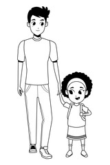 Family single parent with children cartoon in black and white