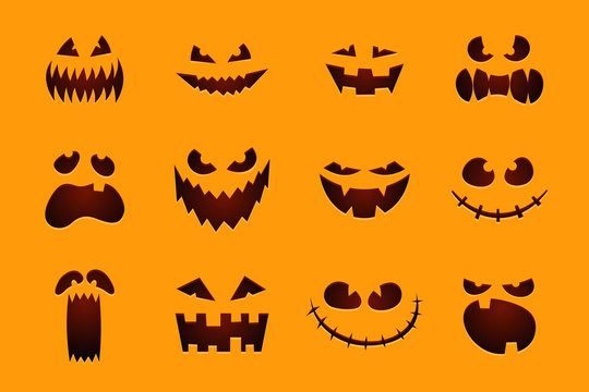 Halloween monster jack lantern pumpkin carved glowing scary face set on orange background. Holiday cartoon character collection for celebration design. Vector illustration