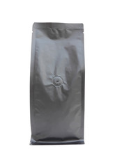 Front of coffee black foil bag with carbon dioxide valve on white background.