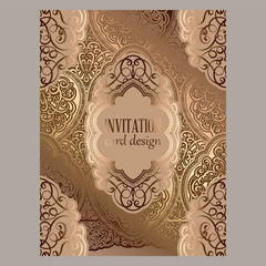 Wedding invitation card with beige and gold shiny eastern and baroque rich foliage. Ornate islamic background for your design. Islam, Arabic, Indian, Dubai.